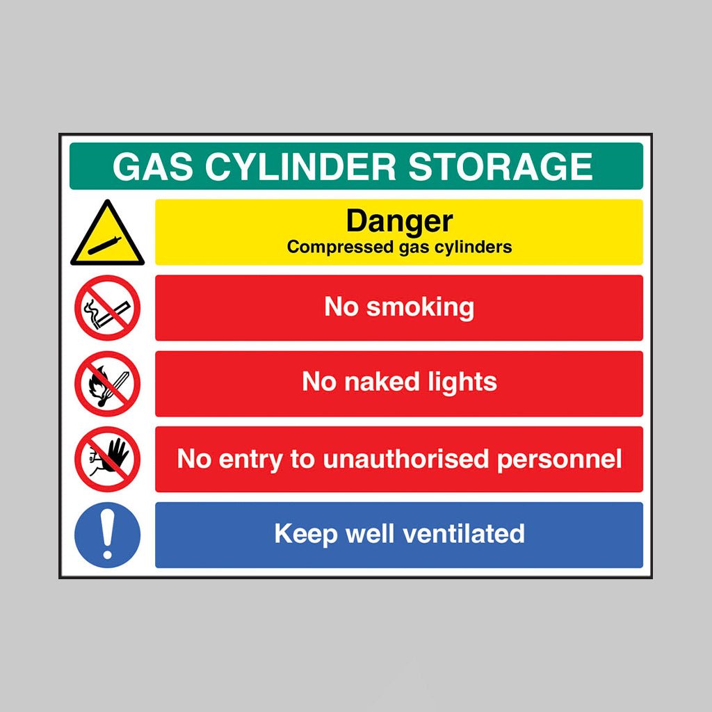 Gas Cylinder Storage: Danger Compressed Gas, No Smoking, No Naked Flames, No Entry To Unauthorised Personnel, Keep Well Ventilated Sign - Ready Set SuppliedGas Cylinder Storage: Danger Compressed Gas, No Smoking, No Naked Flames, No Entry To Unauthorised Personnel, Keep Well Ventilated SignRigid Plastic15536Q