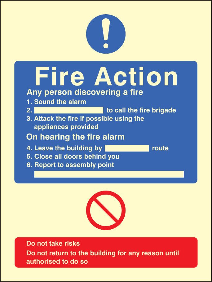 General Fire Action No Lift Sign - Ready Set SuppliedGeneral Fire Action No Lift SignUltra Bright (Class C) Photoluminescent Rigid31423E
