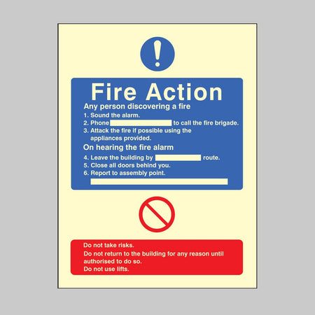 General Fire Action With Lift Sign - Ready Set SuppliedGeneral Fire Action With Lift SignUltra Bright (Class C) Photoluminescent Rigid31432E