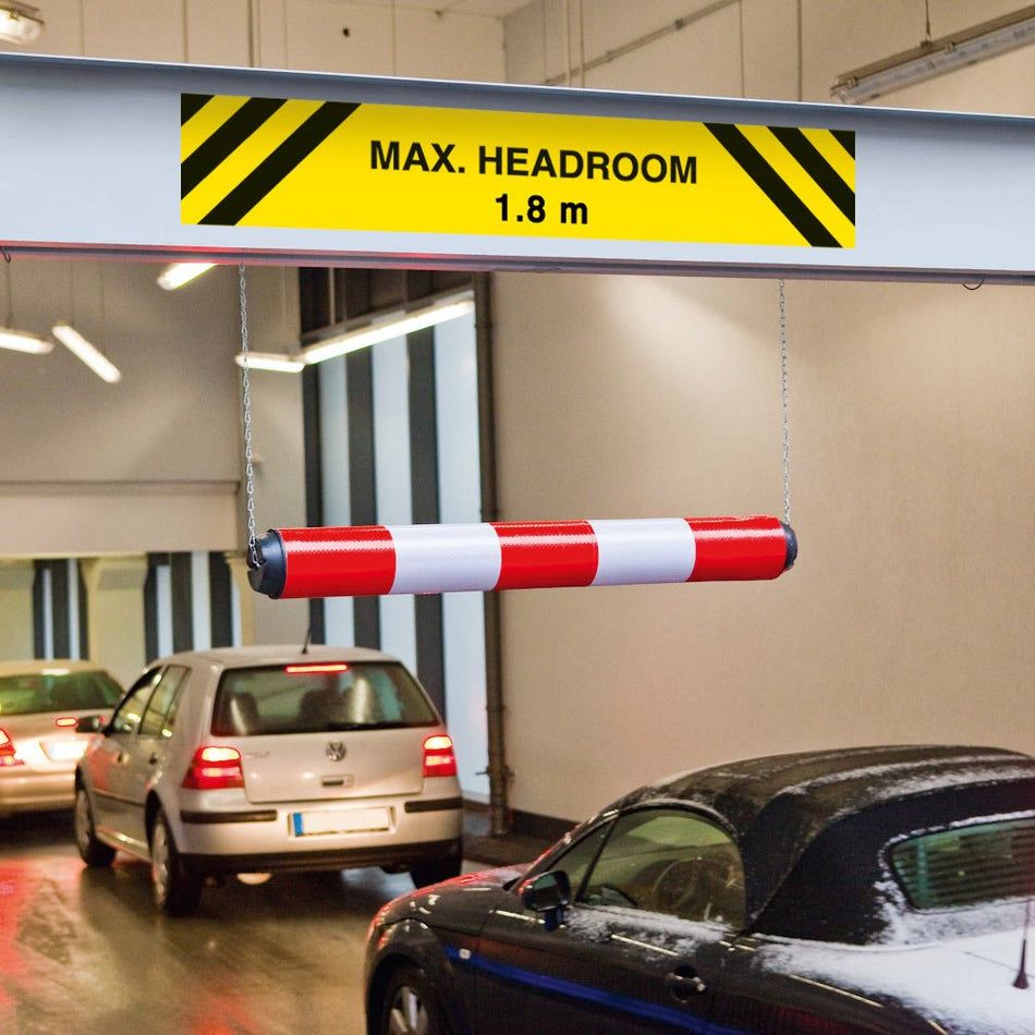 Height Restriction Bar - Plastic With Suspension Chains - 100mm Dia. X 950mm - Red/White Reflective Sign - Ready Set SuppliedHeight Restriction Bar - Plastic With Suspension Chains - 100mm Dia. X 950mm - Red/White Reflective Sign56323