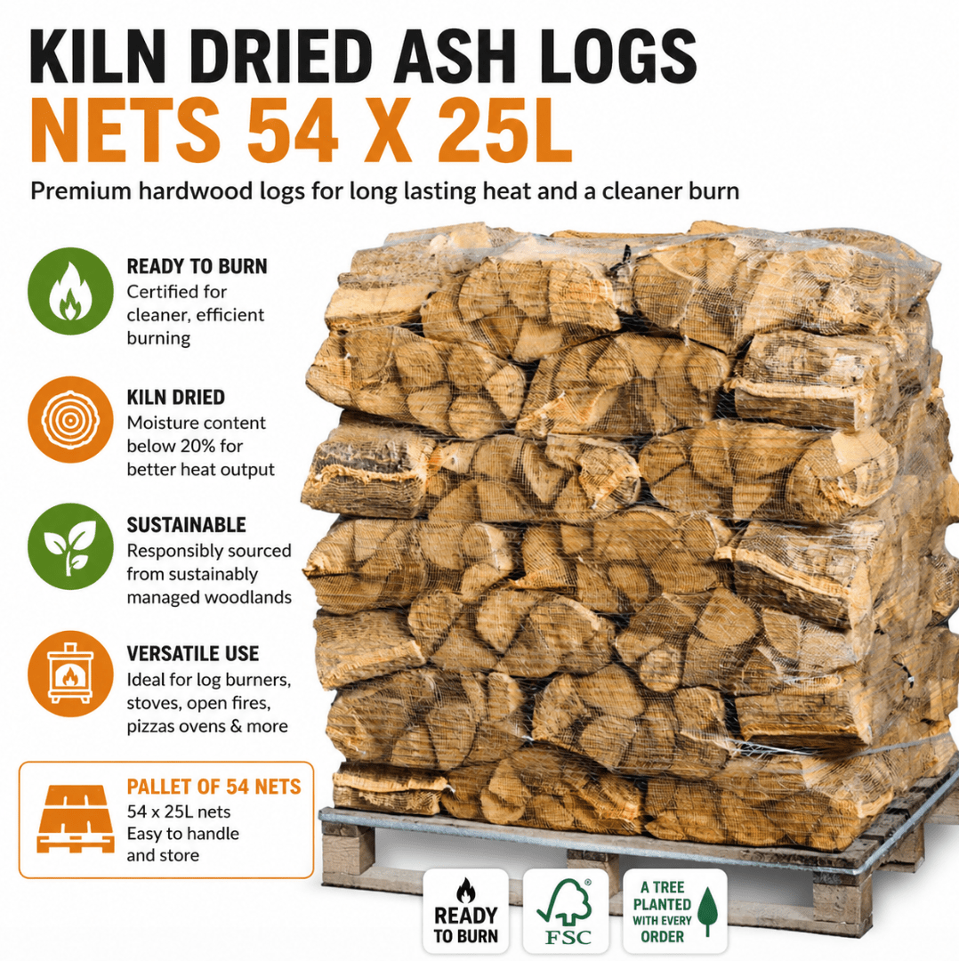 Kiln Dried Ash Logs Nets 54 X 25L - Ready Set SuppliedKiln Dried Ash Logs Nets 54 X 25L