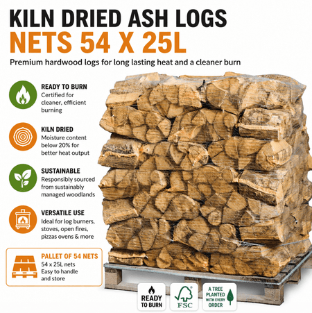 Kiln Dried Ash Logs Nets 54 X 25L - Ready Set SuppliedKiln Dried Ash Logs Nets 54 X 25L