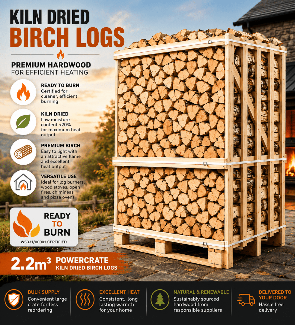 KILN - DRIED BIRCH FIREWOOD LOGS POWERCRATE 2.2M³ - Ready Set SuppliedKILN - DRIED BIRCH FIREWOOD LOGS POWERCRATE 2.2M³