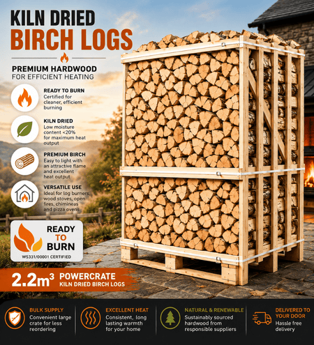 KILN - DRIED BIRCH FIREWOOD LOGS POWERCRATE 2.2M³ - Ready Set SuppliedKILN - DRIED BIRCH FIREWOOD LOGS POWERCRATE 2.2M³