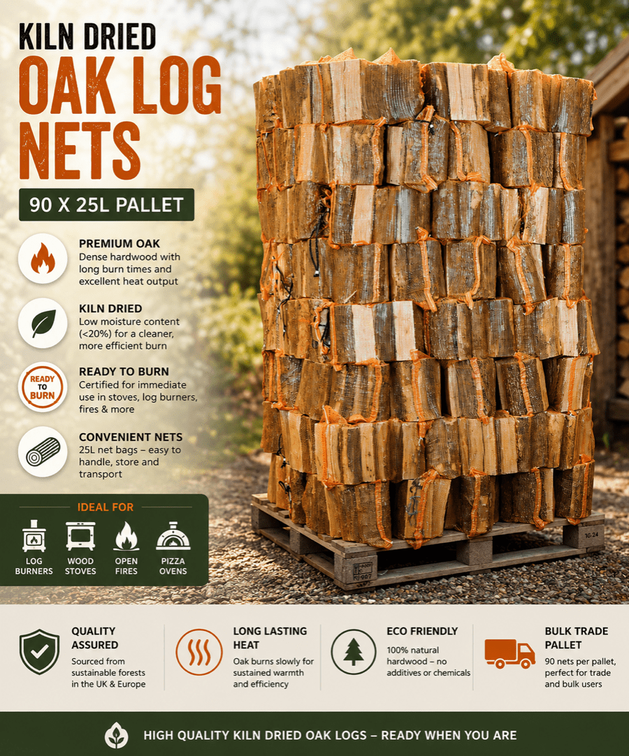 KILN DRIED OAK LOGS IN 25L NETS - 90 - Ready Set SuppliedKILN DRIED OAK LOGS IN 25L NETS - 90