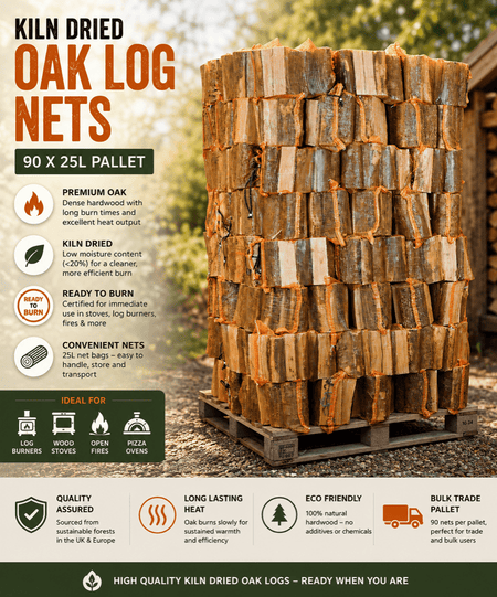 KILN DRIED OAK LOGS IN 25L NETS - 90 - Ready Set SuppliedKILN DRIED OAK LOGS IN 25L NETS - 90