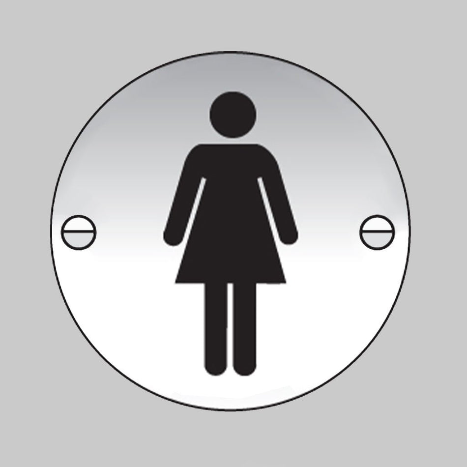 Ladies Symbol 76mm Dia Aluminium Pre-Drilled With Fixings Sign - Ready Set SuppliedLadies Symbol 76mm Dia Aluminium Pre-Drilled With Fixings Sign59137