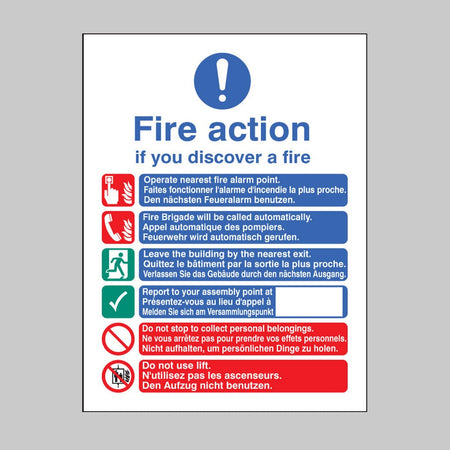 Multi-Lingual Fire Action Auto With Lift (English, French & German) Sign - Ready Set SuppliedMulti-Lingual Fire Action Auto With Lift (English, French & German) SignRigid Plastic11435E