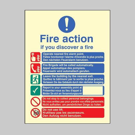 Multi-Lingual Fire Action Auto With Lift (English, French & German) Sign - Ready Set SuppliedMulti-Lingual Fire Action Auto With Lift (English, French & German) SignUltra Bright (Class C) Photoluminescent Rigid31435E