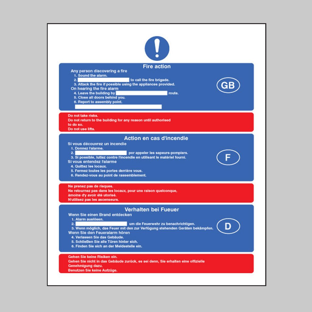 Multi-Lingual Fire Action (English, French & German) Sign - Ready Set SuppliedMulti-Lingual Fire Action (English, French & German) SignRigid Plastic11424H