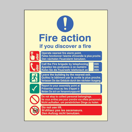 Multi-Lingual Fire Action Manual Lift (English, French & German) Sign - Ready Set SuppliedMulti-Lingual Fire Action Manual Lift (English, French & German) SignUltra Bright (Class C) Photoluminescent Rigid31436E