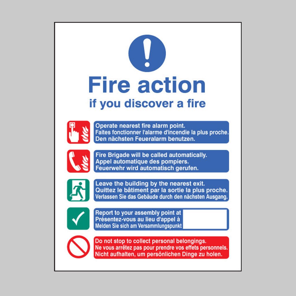 Multi-Lingual Fire Action Manual No Lift (English, French & German) Sign - Ready Set SuppliedMulti-Lingual Fire Action Manual No Lift (English, French & German) SignRigid Plastic11437E