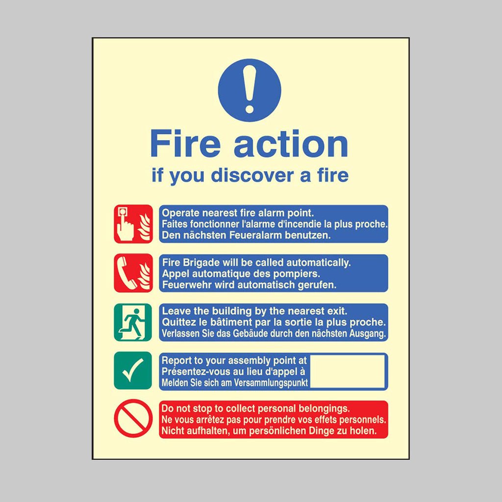 Multi-Lingual Fire Action Manual No Lift (English, French & German) Sign - Ready Set SuppliedMulti-Lingual Fire Action Manual No Lift (English, French & German) SignUltra Bright (Class C) Photoluminescent Rigid31437E