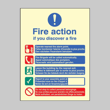 Multi-Lingual Fire Action Manual No Lift (English, French & German) Sign - Ready Set SuppliedMulti-Lingual Fire Action Manual No Lift (English, French & German) SignUltra Bright (Class C) Photoluminescent Rigid31437E