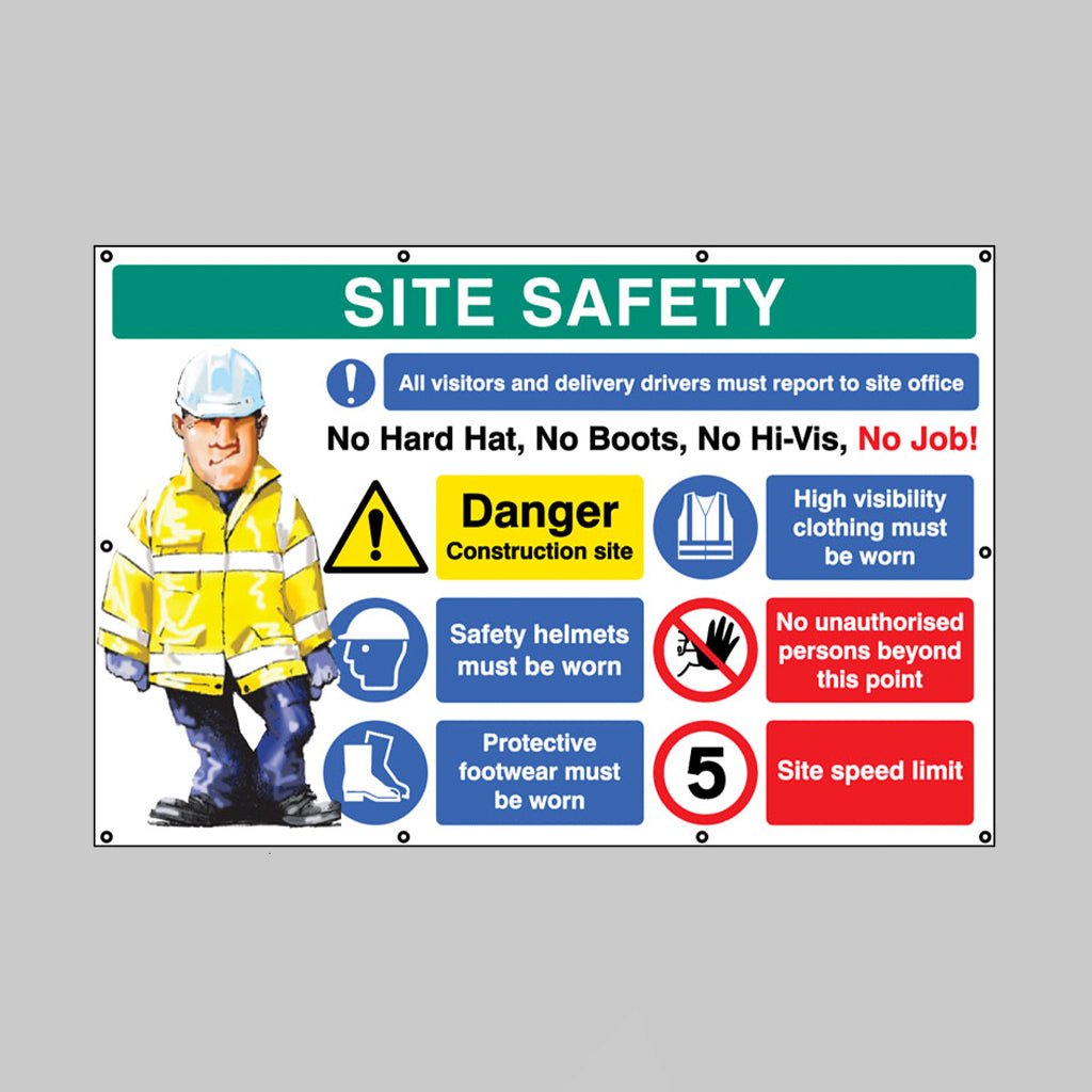 No Hat, No Boots, No Hi-Vis, No Job. 5mph, Banner With Eyelets 2440 x 1270mm - Ready Set SuppliedNo Hat, No Boots, No Hi-Vis, No Job. 5mph, Banner With Eyelets 2440 x 1270mm55145