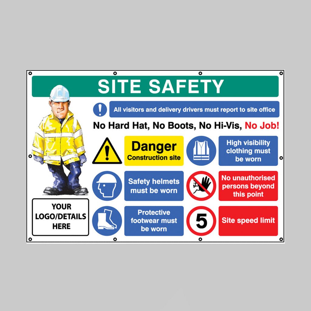 No Hat, No Boots, No Hi-Vis, No Job. 5mph, Custom Banner With Eyelets 1270 x 810mm - Ready Set SuppliedNo Hat, No Boots, No Hi-Vis, No Job. 5mph, Custom Banner With Eyelets 1270 x 810mm55144