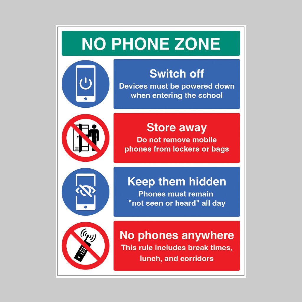 No Phone Zone - School Phone Rules Sign - Ready Set SuppliedNo Phone Zone - School Phone Rules SignRigid Plastic15546Q