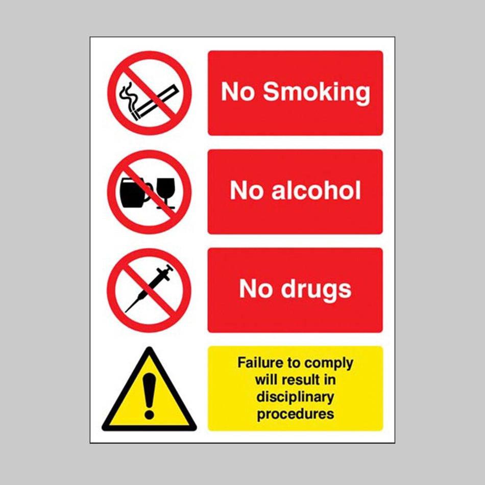 No Smoking, Alcohol, Drugs. Failure To Comply Will Result In Disciplinary Procedures Sign - Ready Set SuppliedNo Smoking, Alcohol, Drugs. Failure To Comply Will Result In Disciplinary Procedures SignRigid Plastic13668E