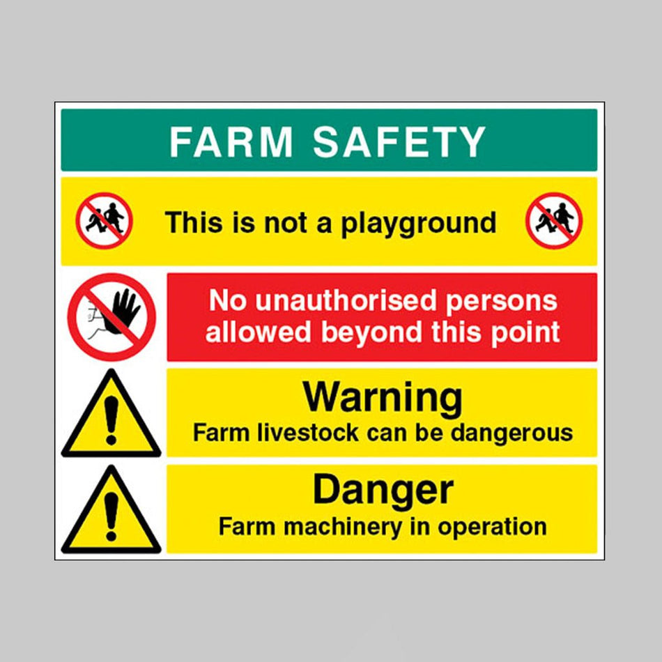 No Unauthorised Persons, Warning Livestock Can Be Dangerous, Danger Farm Machinery In Operation, This Is Not A Playground Sign - Ready Set SuppliedNo Unauthorised Persons, Warning Livestock Can Be Dangerous, Danger Farm Machinery In Operation, This Is Not A Playground SignRigid Plastic15531Q