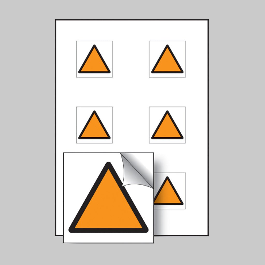 Orange Triangle Vibration Safety 25 x 25mm - Sheet of 6 Self Adhesive Sign - Ready Set SuppliedOrange Triangle Vibration Safety 25 x 25mm - Sheet of 6 Self Adhesive Sign55055