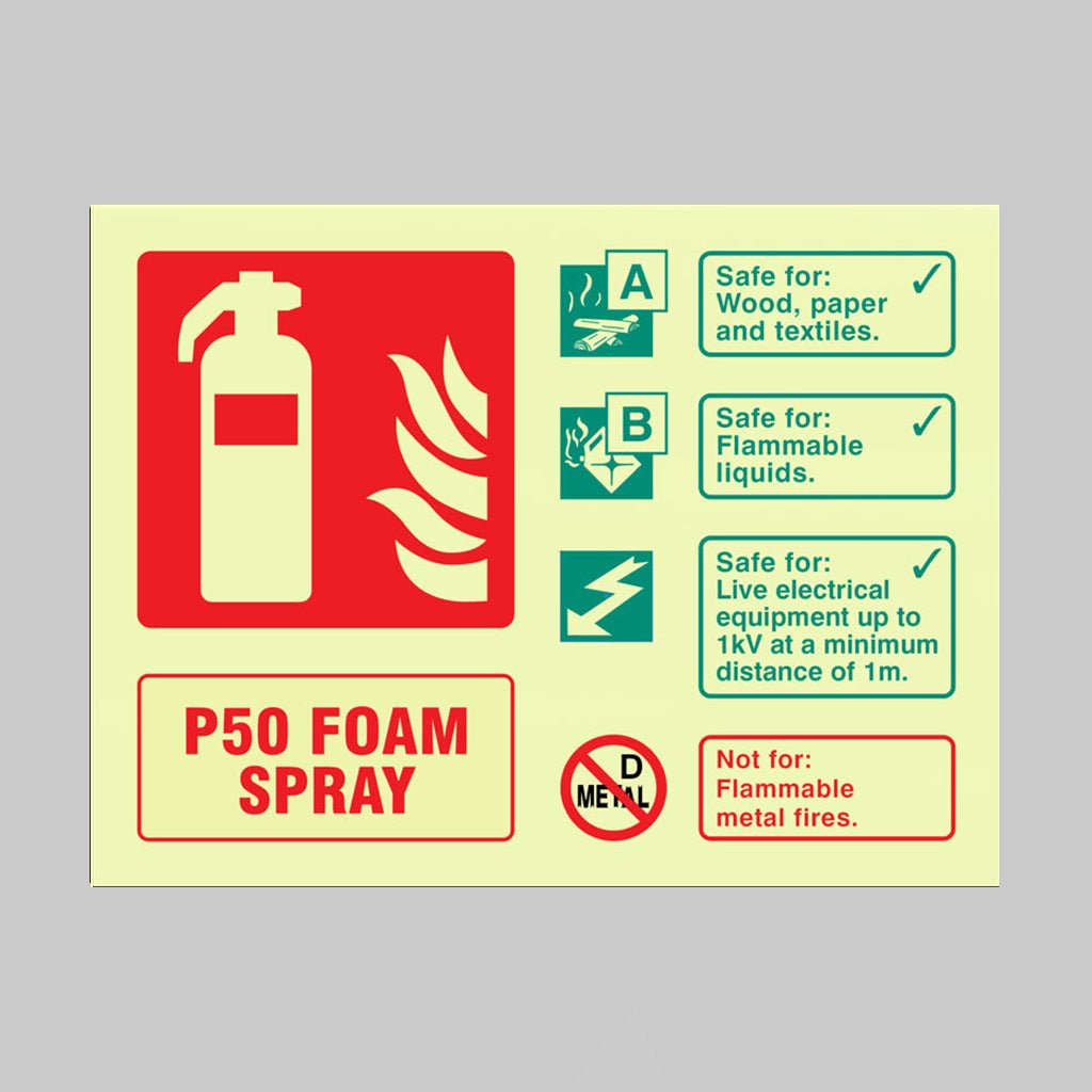 P50 Foam Fire Extinguisher Sign - Ready Set SuppliedP50 Foam Fire Extinguisher SignUltra Bright (Class C) Photoluminescent Rigid31119D