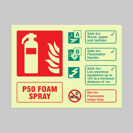 P50 Foam Fire Extinguisher Sign - Ready Set SuppliedP50 Foam Fire Extinguisher SignUltra Bright (Class C) Photoluminescent Rigid31119D