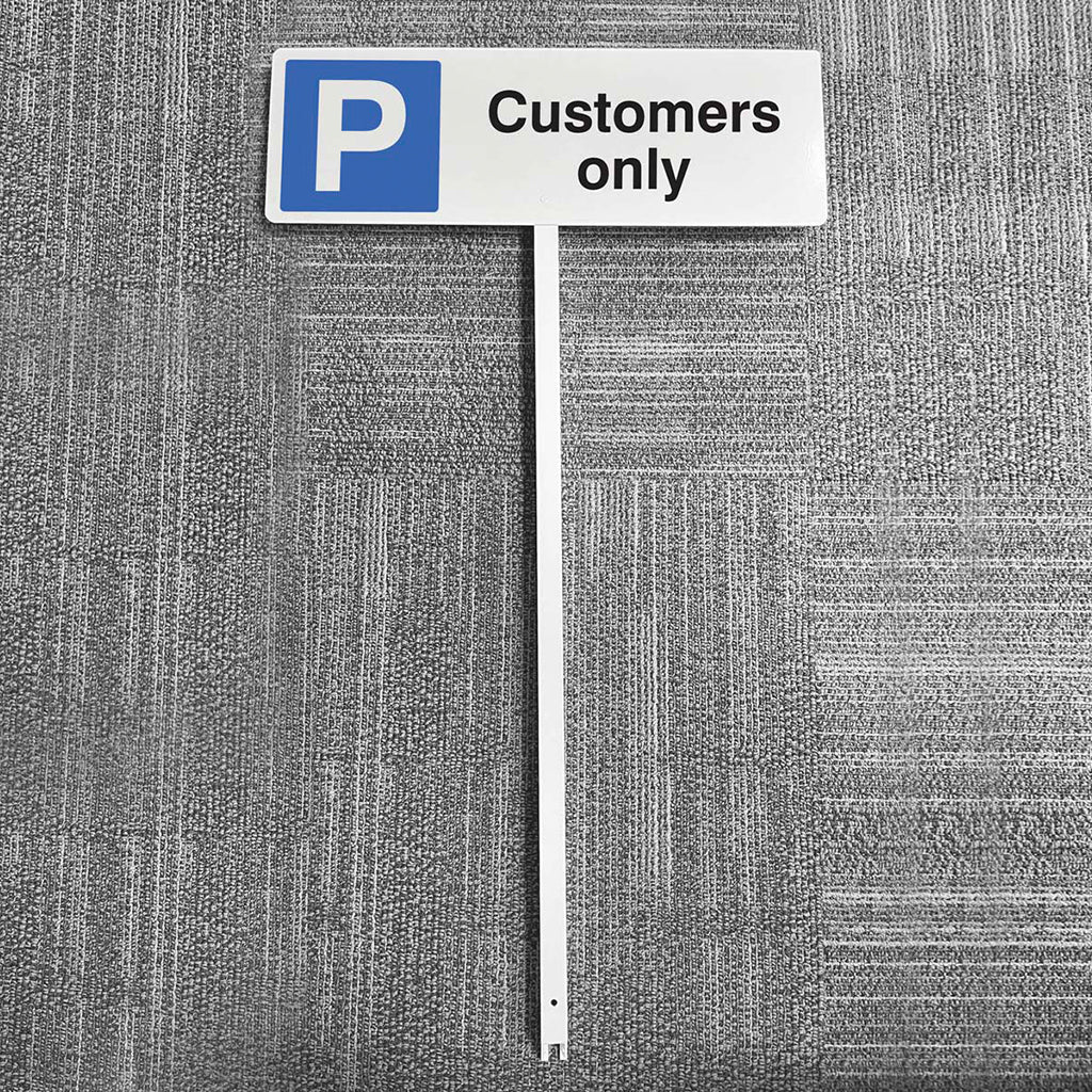 Parking Customers Only Aluminium Verge Sign 450 x 150mm On Post 800mm High - Ready Set SuppliedParking Customers Only Aluminium Verge Sign 450 x 150mm On Post 800mm High56530