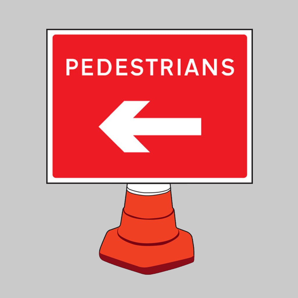 Pedestrians Arrow Left Reflective Cone Sign 600 x 450mm (Cone Not Included) - Ready Set SuppliedPedestrians Arrow Left Reflective Cone Sign 600 x 450mm (Cone Not Included)57651