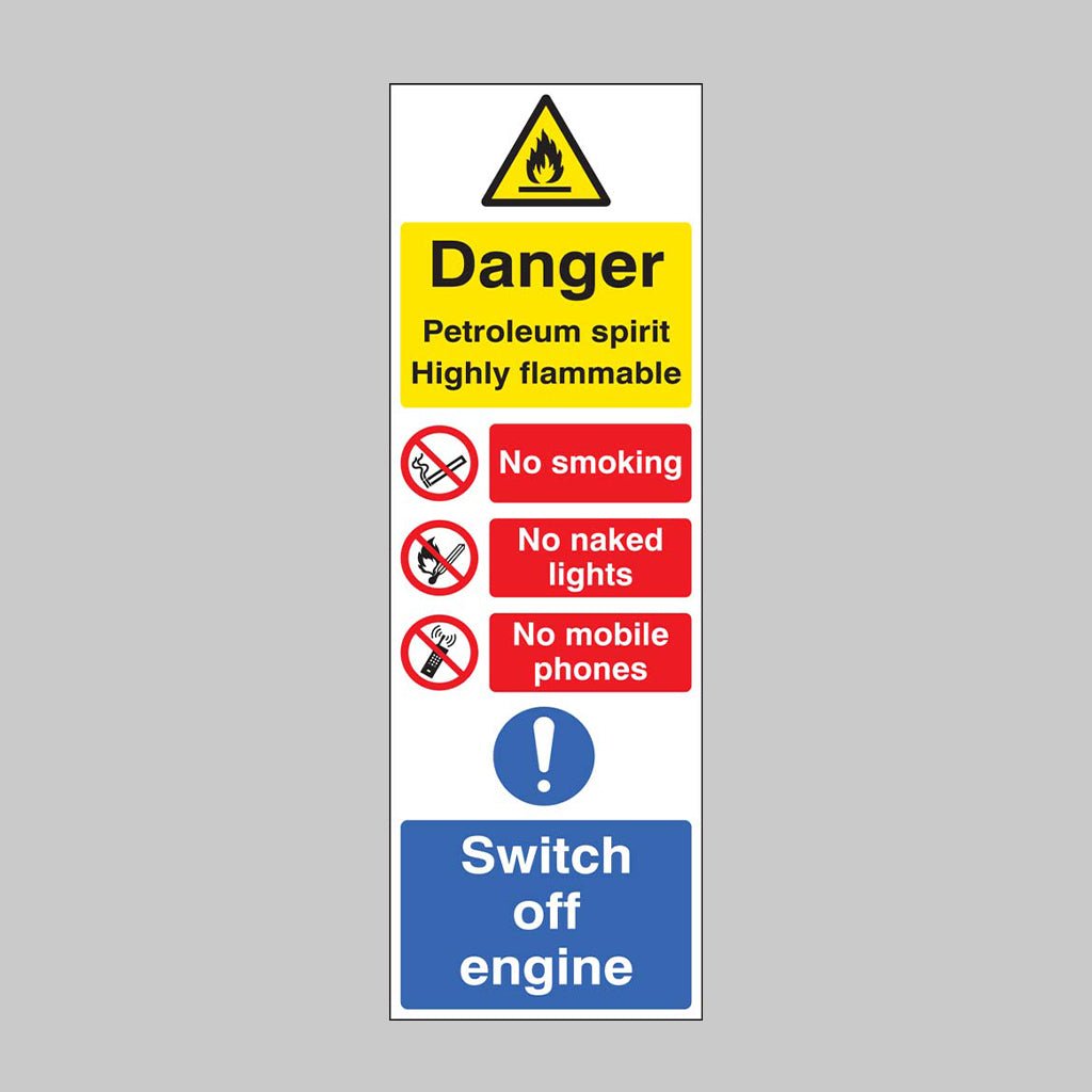 Petroleum Spirit Highly Flammable (Multi-Message) 200 x 600mm Rigid Plastic Sign - Ready Set SuppliedPetroleum Spirit Highly Flammable (Multi-Message) 200 x 600mm Rigid Plastic Sign56226