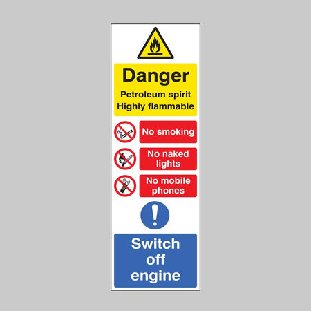 Petroleum Spirit Highly Flammable (Multi-Message) 200 x 600mm Rigid Plastic Sign - Ready Set SuppliedPetroleum Spirit Highly Flammable (Multi-Message) 200 x 600mm Rigid Plastic Sign56226