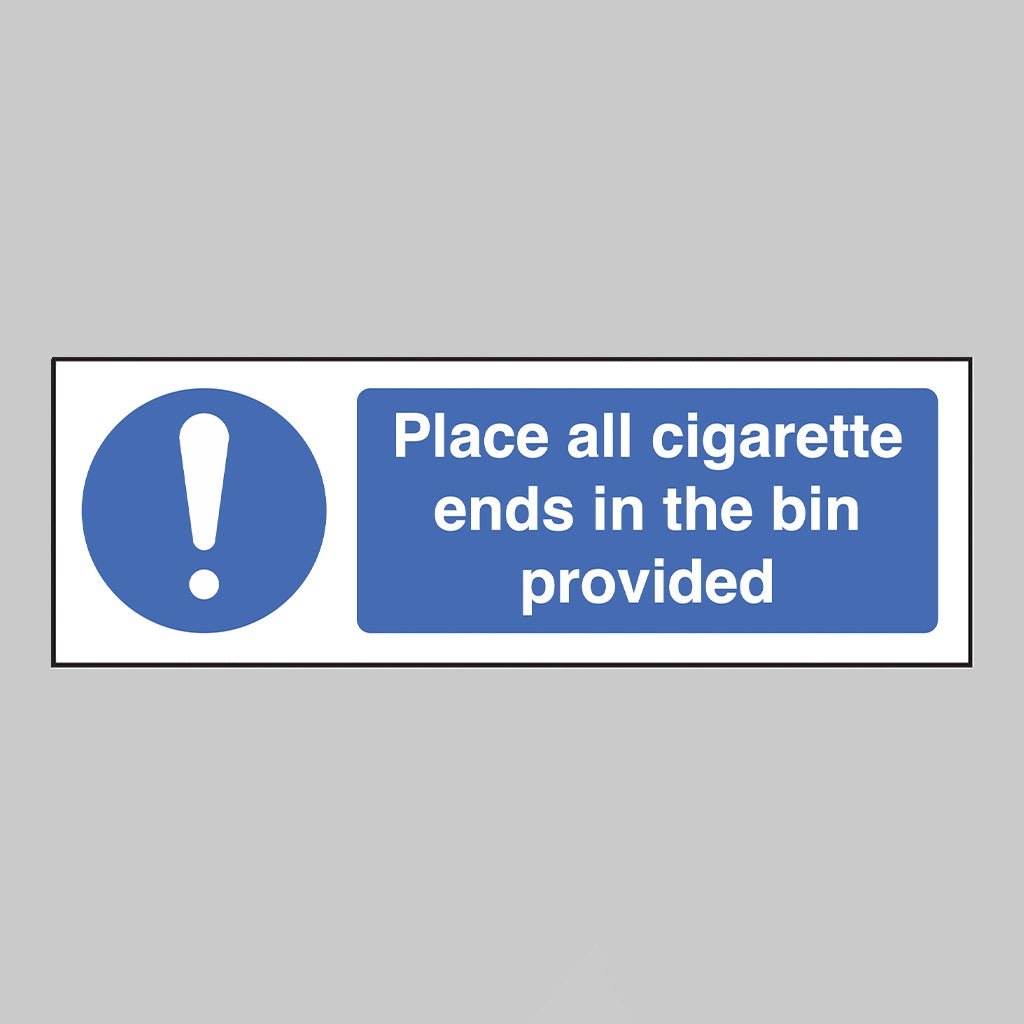 Place All Cigarette Ends In Bins Provided (White/Black) Sign - Ready Set SuppliedPlace All Cigarette Ends In Bins Provided (White/Black) SignRigid Plastic13251G