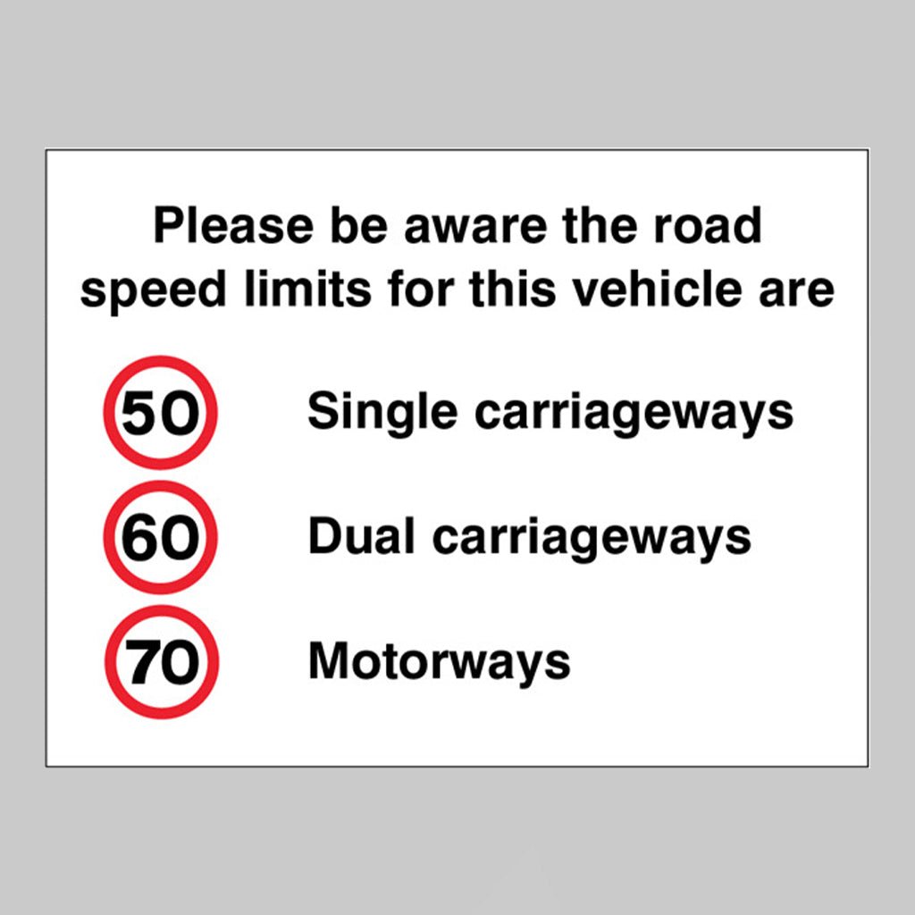 Please Be Aware The Road Speed Limits For This Vehicle Are 50,60,70mph Sign - Ready Set SuppliedPlease Be Aware The Road Speed Limits For This Vehicle Are 50,60,70mph Sign21809E