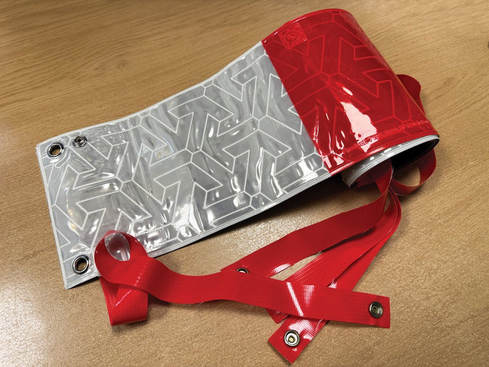 Reflective Fence Panel Ra2 Prismatic With Eyelets & Elastic Straps (2 Metres Roll X 150mm Width) - Ready Set SuppliedReflective Fence Panel Ra2 Prismatic With Eyelets & Elastic Straps (2 Metres Roll X 150mm Width)53738