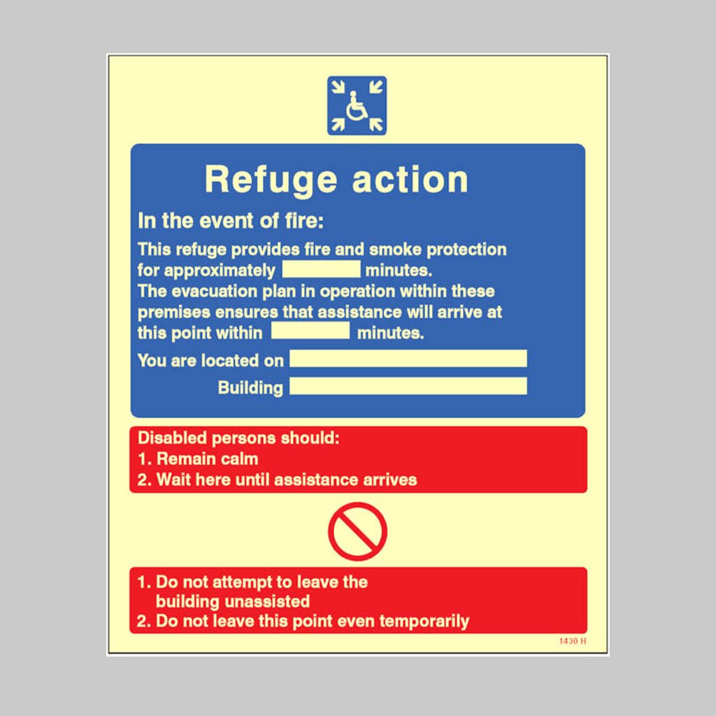 Refuge Action In The Event Of Fire Sign - Ready Set SuppliedRefuge Action In The Event Of Fire SignUltra Bright (Class C) Photoluminescent Rigid31430E