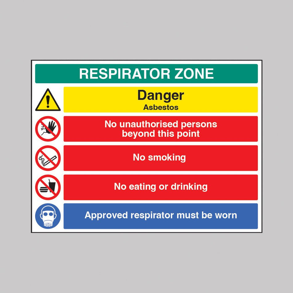Respirator Zone Danger Asbestos No Unauthorised Persons Beyond This Point No Smoking No Eating Or Drinking Approved Respirator Must Be Worn Sign - Ready Set SuppliedRespirator Zone Danger Asbestos No Unauthorised Persons Beyond This Point No Smoking No Eating Or Drinking Approved Respirator Must Be Worn SignRigid Plastic15539Q