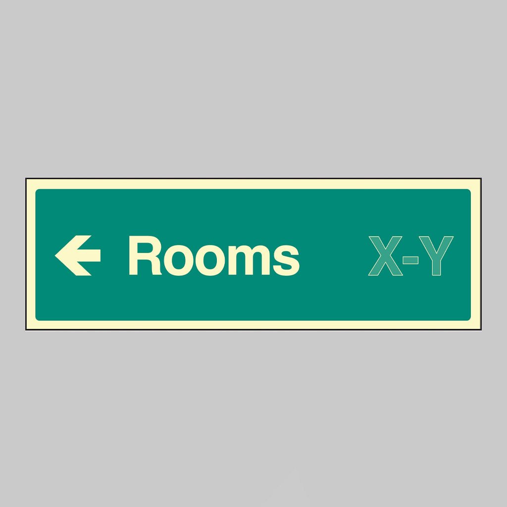 Rooms X-Y Arrow Left (Specify The Number Range: Eg 1-20) 450 x 150mm Photoluminescent Rigid Sign - Ready Set SuppliedRooms X-Y Arrow Left (Specify The Number Range: Eg 1-20) 450 x 150mm Photoluminescent Rigid Sign52193