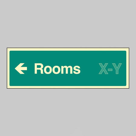 Rooms X-Y Arrow Left (Specify The Number Range: Eg 1-20) 450 x 150mm Photoluminescent Rigid Sign - Ready Set SuppliedRooms X-Y Arrow Left (Specify The Number Range: Eg 1-20) 450 x 150mm Photoluminescent Rigid Sign52193