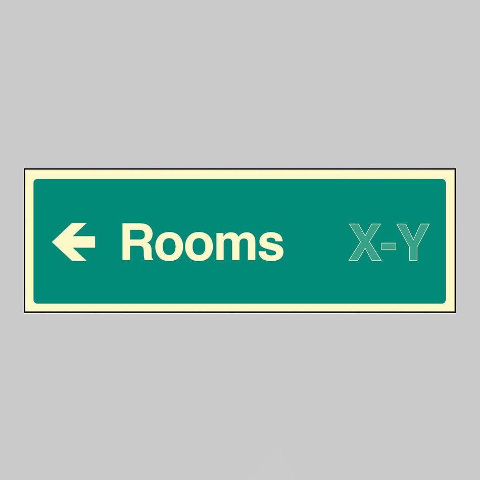 Rooms X-Y Arrow Left (Specify The Number Range: Eg 1-20) 450 x 150mm Photoluminescent Rigid Sign - Ready Set SuppliedRooms X-Y Arrow Left (Specify The Number Range: Eg 1-20) 450 x 150mm Photoluminescent Rigid Sign52193