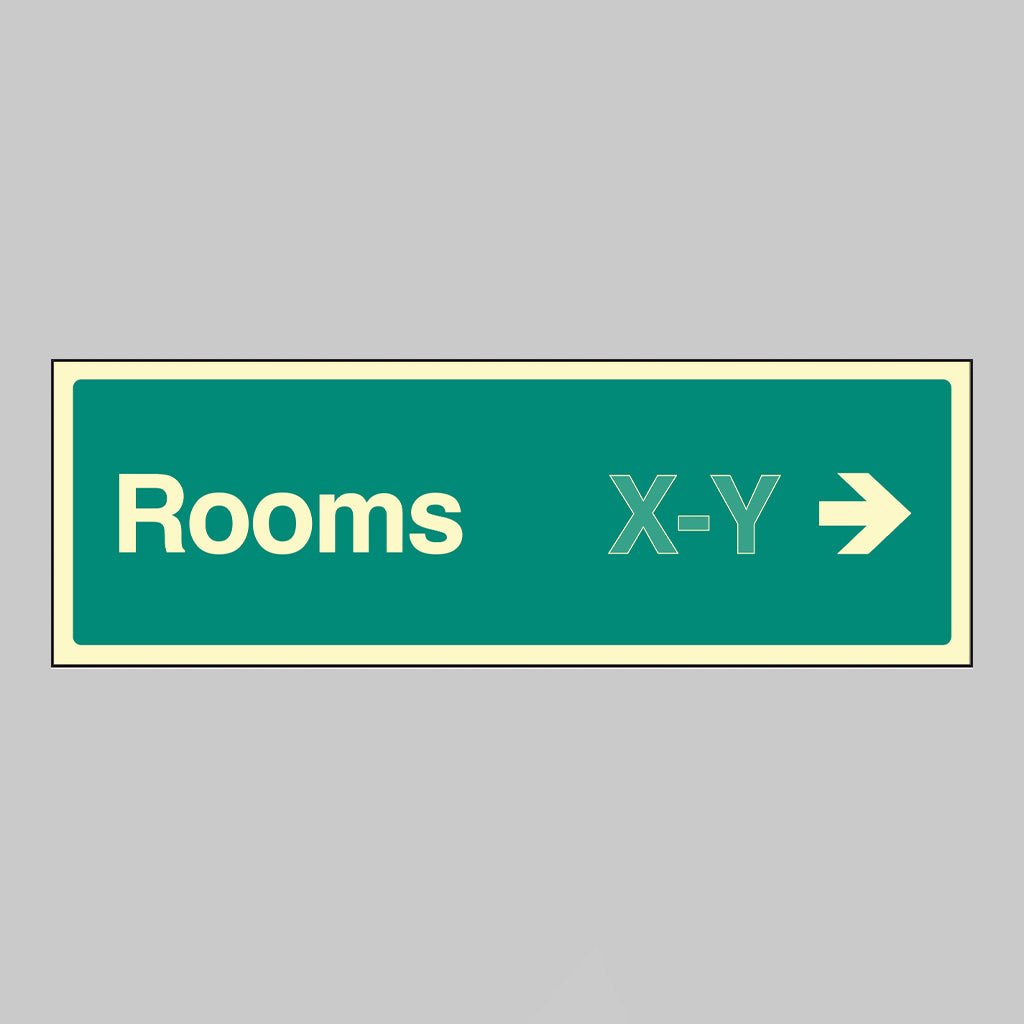 Rooms X-Y Arrow Right (Specify The Number Range: Eg 1-20) 450 x 150mm Photoluminescent Rigid Sign - Ready Set SuppliedRooms X-Y Arrow Right (Specify The Number Range: Eg 1-20) 450 x 150mm Photoluminescent Rigid Sign52195