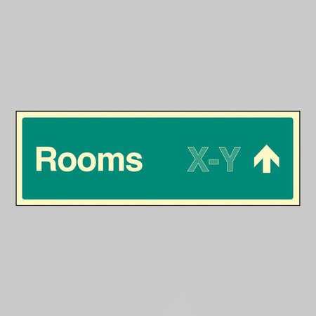 Rooms X-Y Arrow Up (Specify The Number Range: Eg 1-20) 450 x 150mm Photoluminescent Rigid Sign - Ready Set SuppliedRooms X-Y Arrow Up (Specify The Number Range: Eg 1-20) 450 x 150mm Photoluminescent Rigid Sign52191