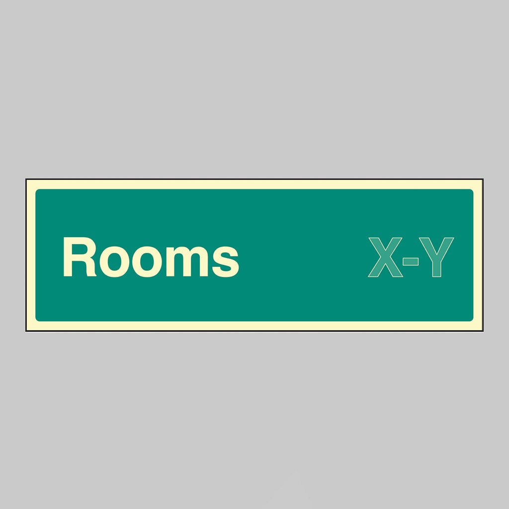 Rooms X-Y (Specify The Number Range: Eg 1-20) 450 x 150mm Photoluminescent Rigid Sign - Ready Set SuppliedRooms X-Y (Specify The Number Range: Eg 1-20) 450 x 150mm Photoluminescent Rigid Sign52197