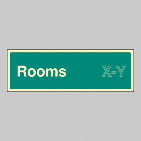 Rooms X-Y (Specify The Number Range: Eg 1-20) 450 x 150mm Photoluminescent Rigid Sign - Ready Set SuppliedRooms X-Y (Specify The Number Range: Eg 1-20) 450 x 150mm Photoluminescent Rigid Sign52197