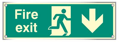 Fire exit down visual impact 5mm photoluminescent acrylic sign 450x150mm c/w stand off locators