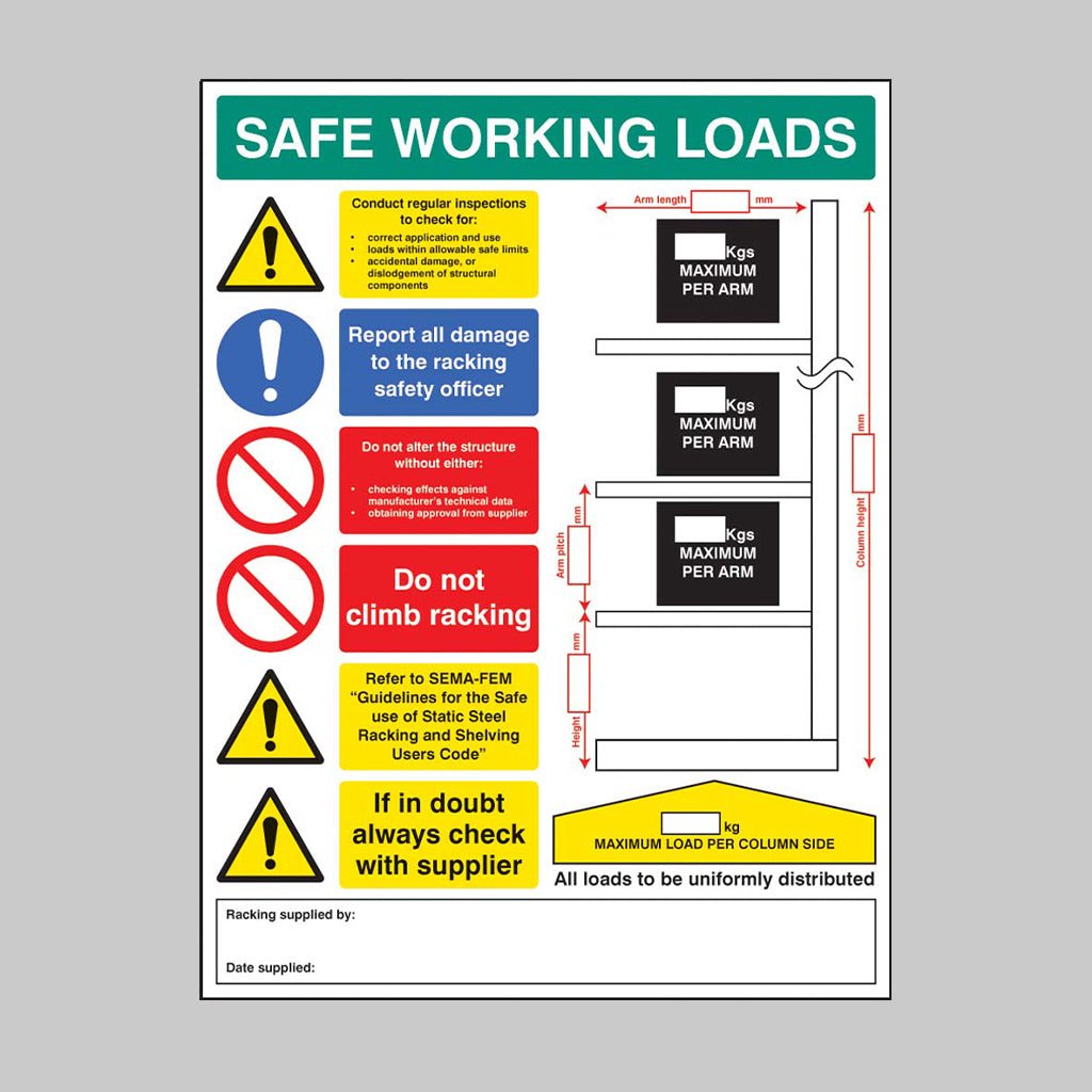 Safe Working Loads Cantilever Racking 5mm Foamex 450 x 600mm Sign - Ready Set SuppliedSafe Working Loads Cantilever Racking 5mm Foamex 450 x 600mm Sign56356