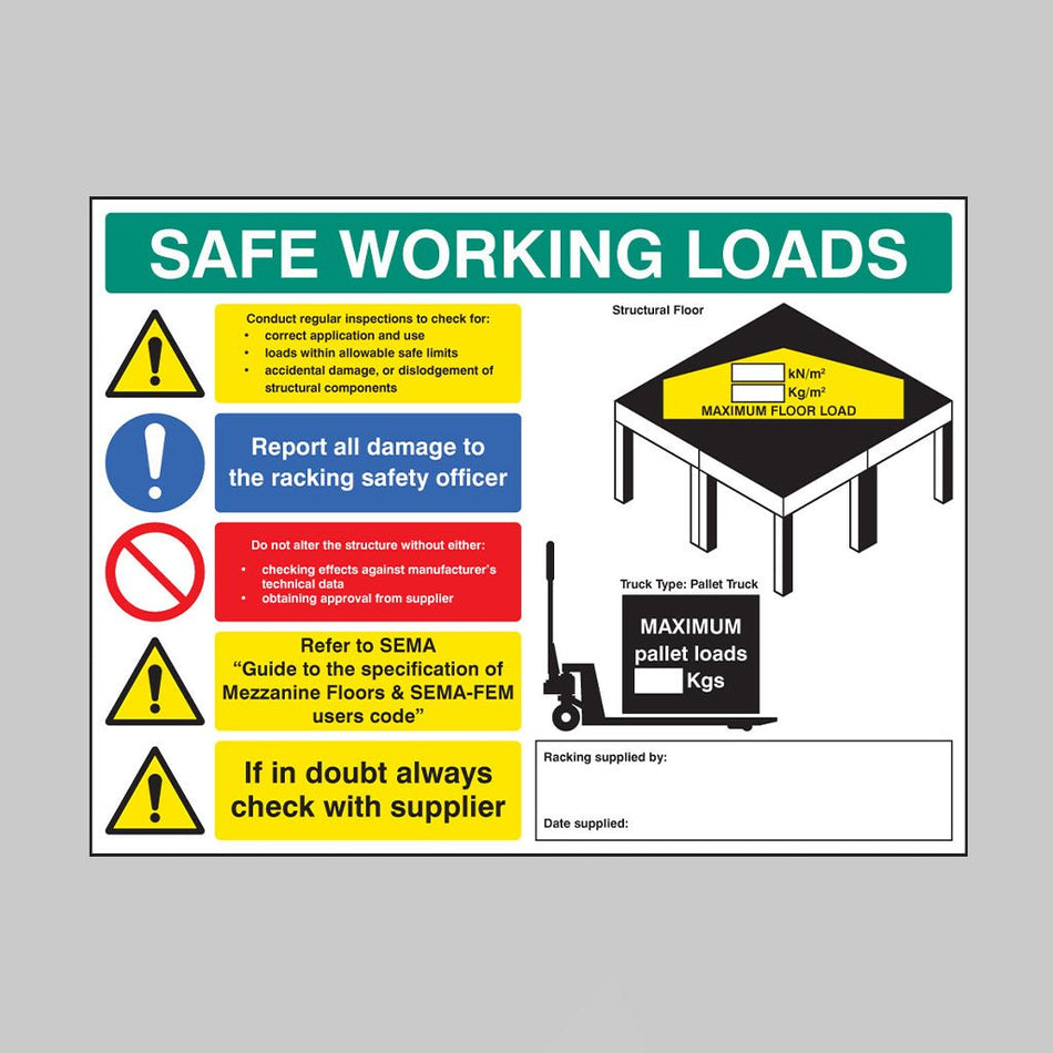 Safe Working Loads Mezzanine Flooring 5mm Foamex 600 x 450mm Sign - Ready Set SuppliedSafe Working Loads Mezzanine Flooring 5mm Foamex 600 x 450mm Sign56357