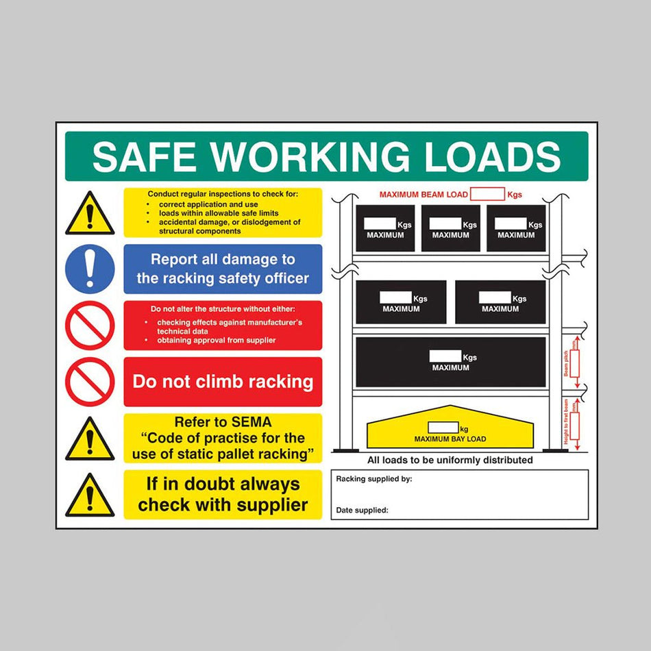 Safe Working Loads Pallet Racking 5mm Foamex 600 x 450mm Sign - Ready Set SuppliedSafe Working Loads Pallet Racking 5mm Foamex 600 x 450mm Sign56355