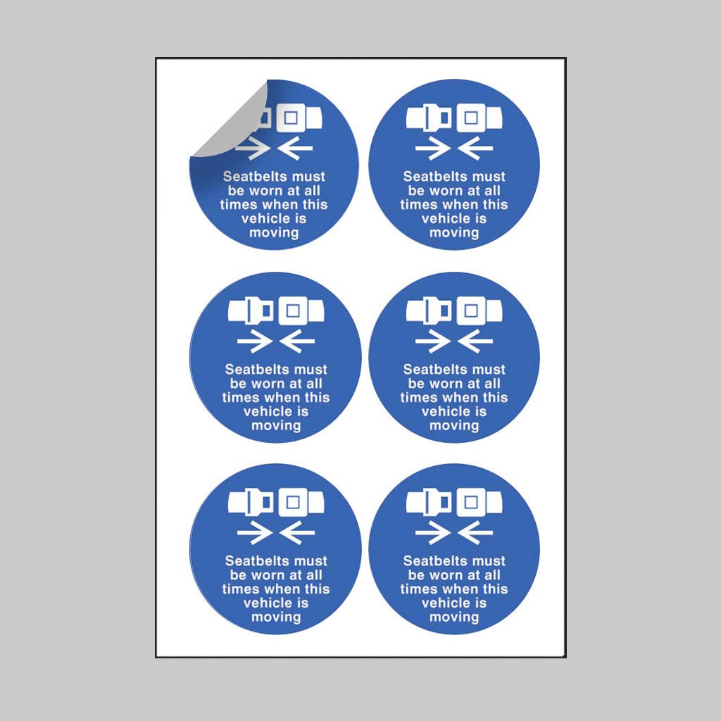 Seatbelts Must Be Worn At All Times When Vehicle Is Moving 65mm Dia Sheet of 6 Peel 'N' Stick Labels - Ready Set SuppliedSeatbelts Must Be Worn At All Times When Vehicle Is Moving 65mm Dia Sheet of 6 Peel 'N' Stick Labels51651