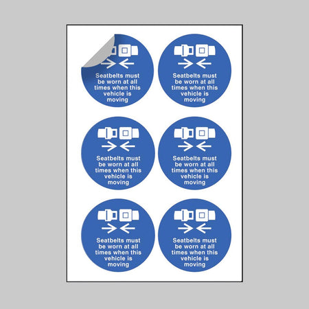 Seatbelts Must Be Worn At All Times When Vehicle Is Moving 65mm Dia Sheet of 6 Peel 'N' Stick Labels - Ready Set SuppliedSeatbelts Must Be Worn At All Times When Vehicle Is Moving 65mm Dia Sheet of 6 Peel 'N' Stick Labels51651