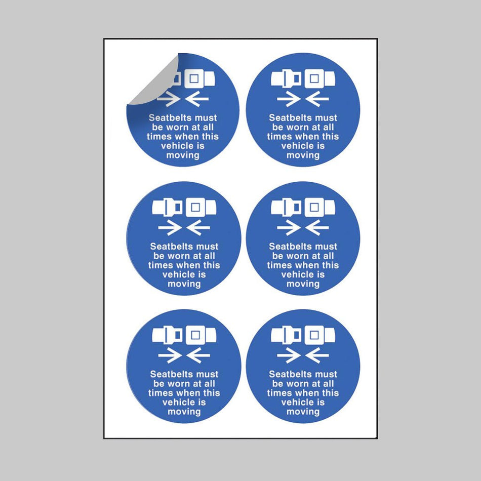 Seatbelts Must Be Worn At All Times When Vehicle Is Moving 65mm Dia Sheet of 6 Peel 'N' Stick Labels - Ready Set SuppliedSeatbelts Must Be Worn At All Times When Vehicle Is Moving 65mm Dia Sheet of 6 Peel 'N' Stick Labels51651