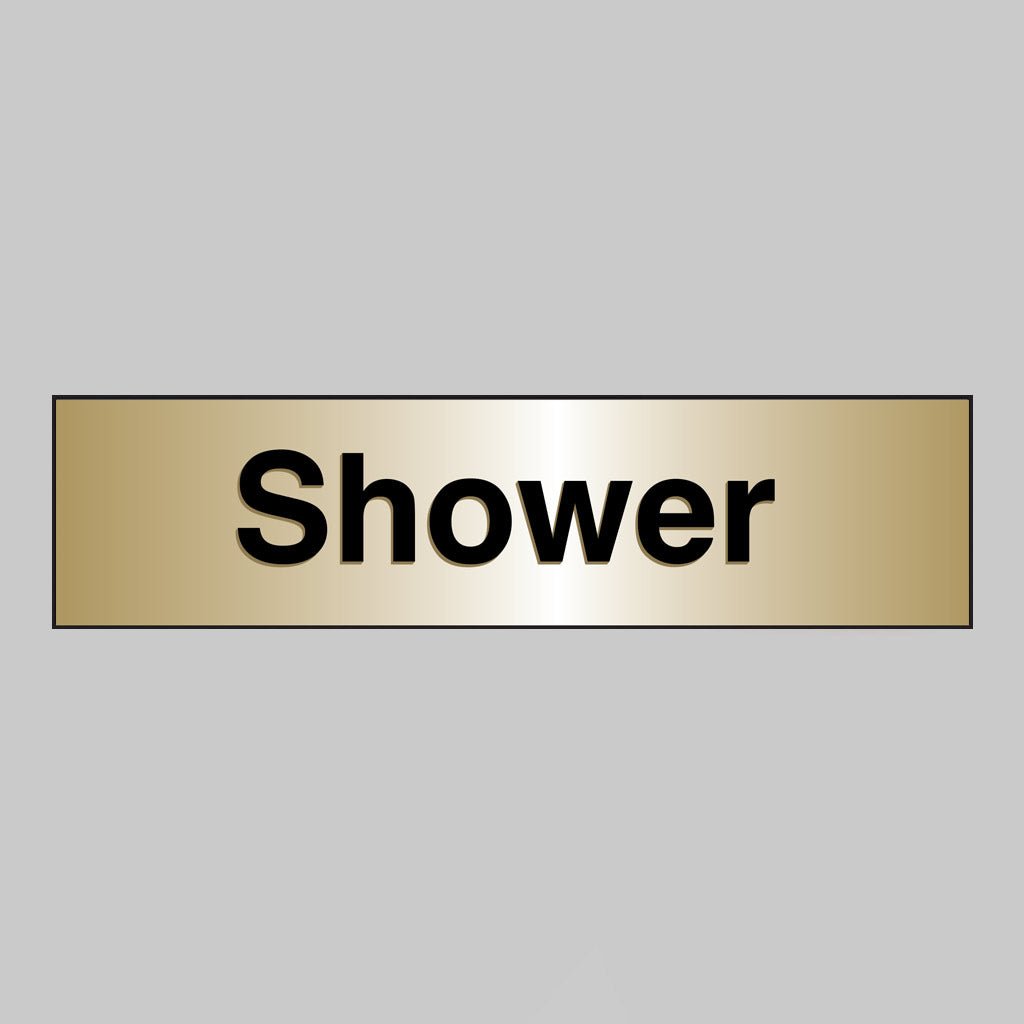 Shower 140 x 35mm Engraved Brass Effect PVC With Sav Backing Sign - Ready Set SuppliedShower 140 x 35mm Engraved Brass Effect PVC With Sav Backing Sign59076
